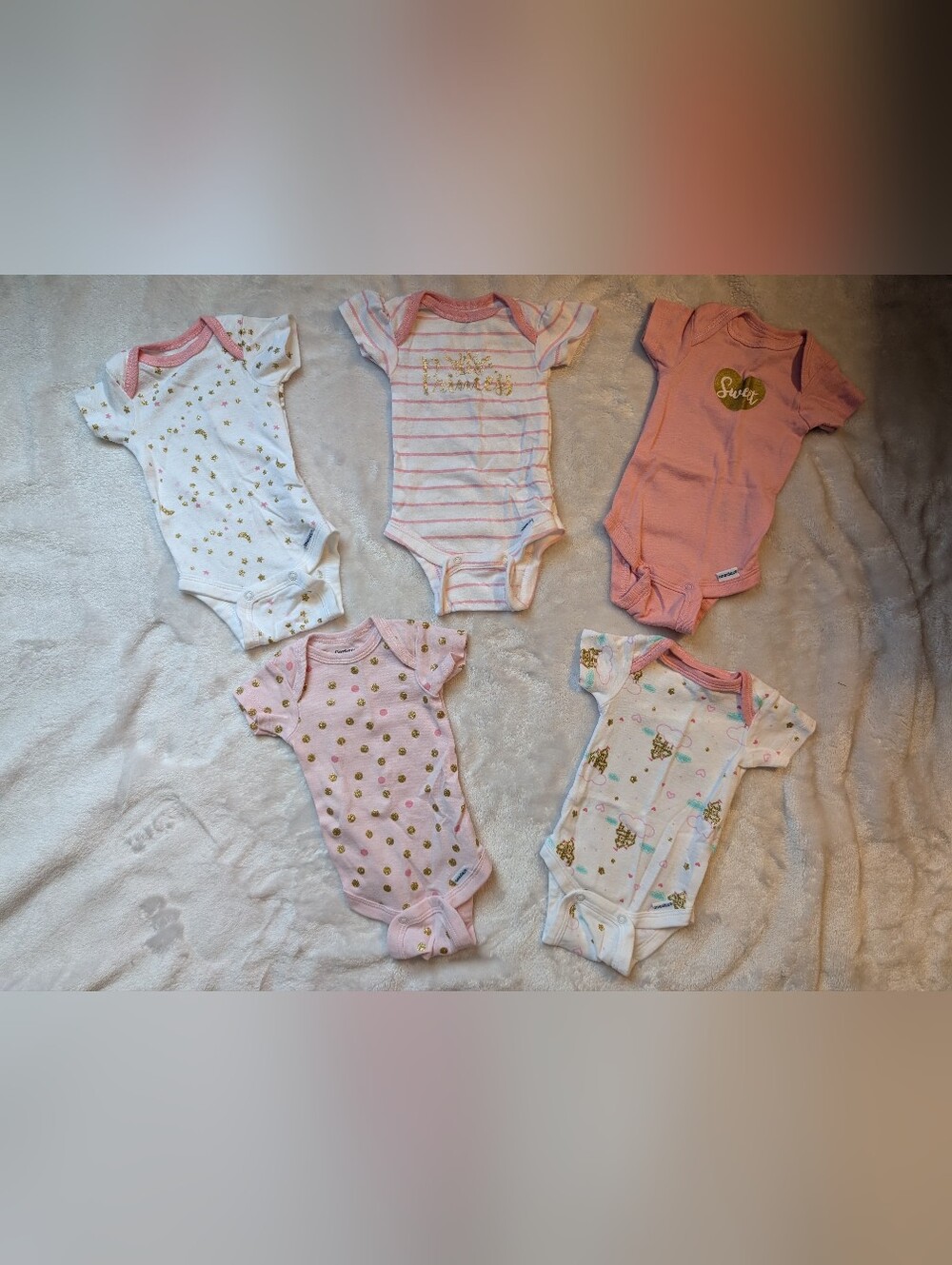 Gerber Newborn Baby Girl 5 Pc Bodysuit Bundle Pink White Gold Glitter Princess